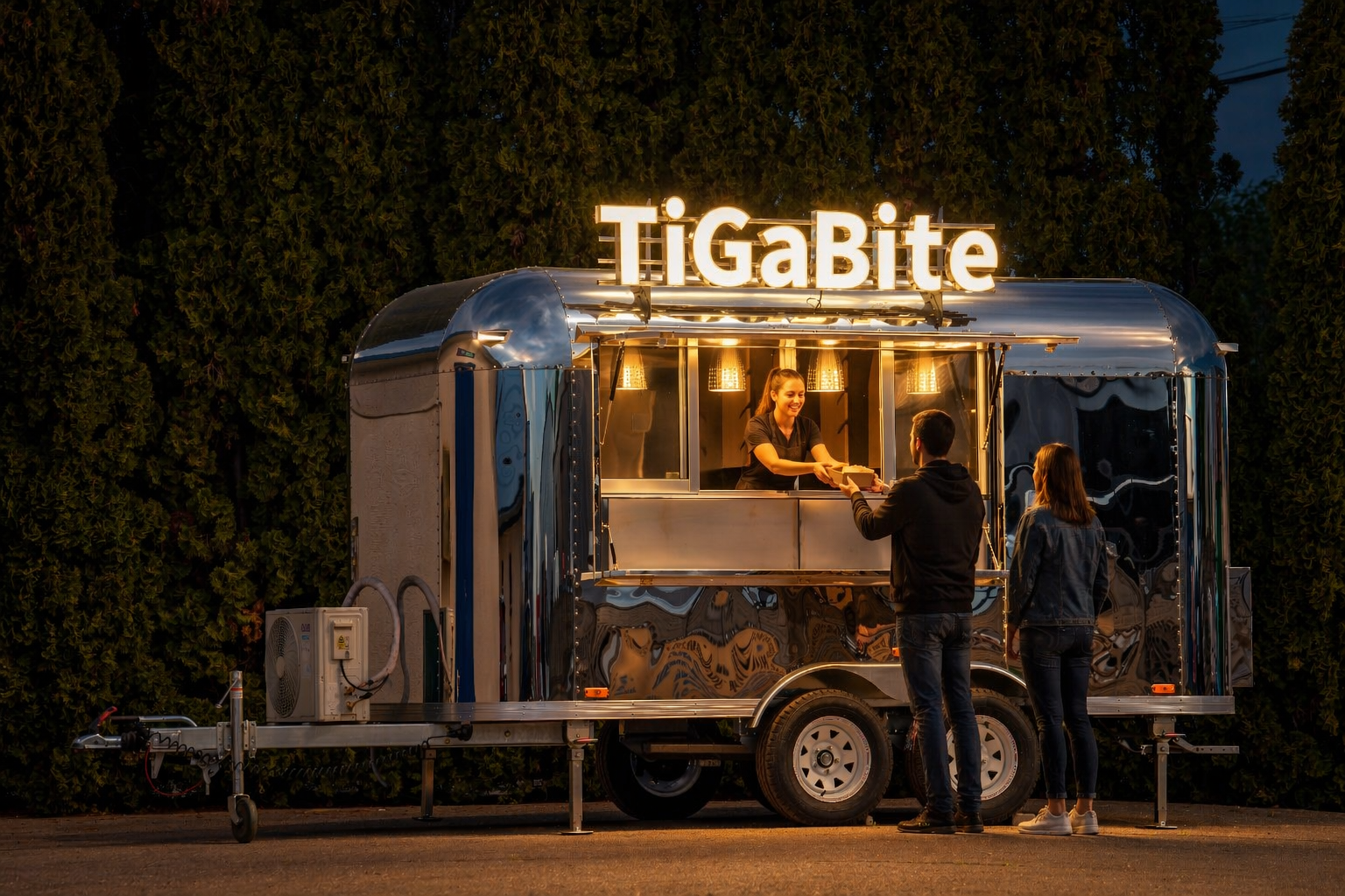 The TiGaBite food truck at night — polished stainless steel trailer with its illuminated roof sign